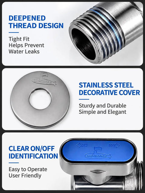 Heavy Duty Half Inch Angle Stop Valve 2 Pack Brass Ball Shut Off with red and blue handles, featuring deep threaded design, stainless cover, and clear ON/OFF label.