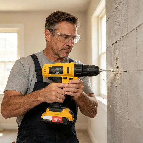 Heavy Duty Cordless Drill Kicking Serious Torque For Woodworking And Diy Projects Quick Change Chuck in action drilling into a wall.