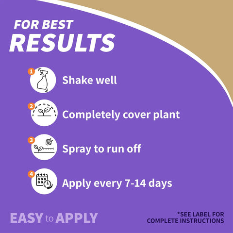Instructions for Top Shelf Ready To Use Neem Oil Garden Spray dosage and application for plants, purple background, easy steps.