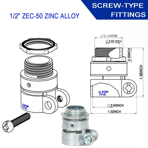 Illustration of a 1/2 inch ZEC-50 zinc alloy screw-type fitting with dimensions and assembly diagram.