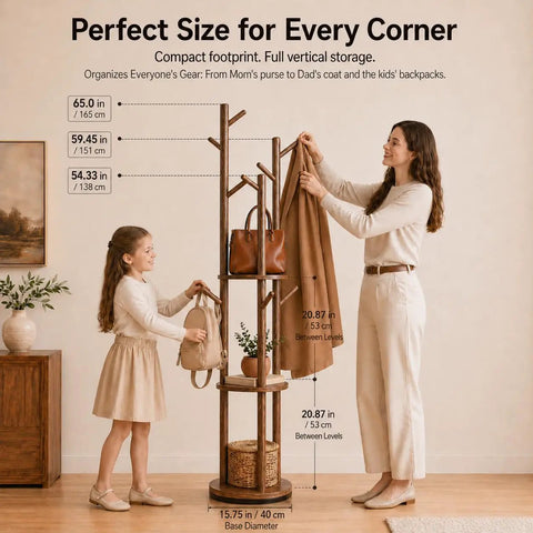 Mother and daughter using Rotating Coat Rack Freestanding With 9 Hooks And 3 Shelves, Heavy-Duty Rubberwood Hall Tree In Walnut Finish