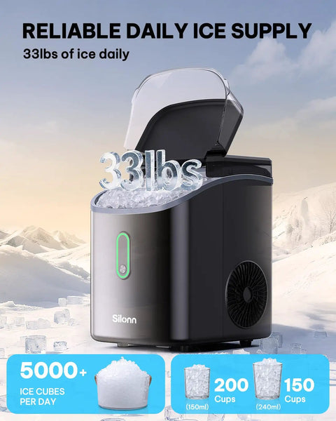 Nugget Ice Maker Countertop For Home, Office And Kitchen With Soft Chewable Ice, Delivers 33 Lbs Per Day, Auto Clean, Portable, Black