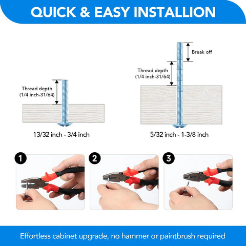 Instructional image showing quick and easy installation of cabinet pulls with correct thread depth and tool usage for secure fit.