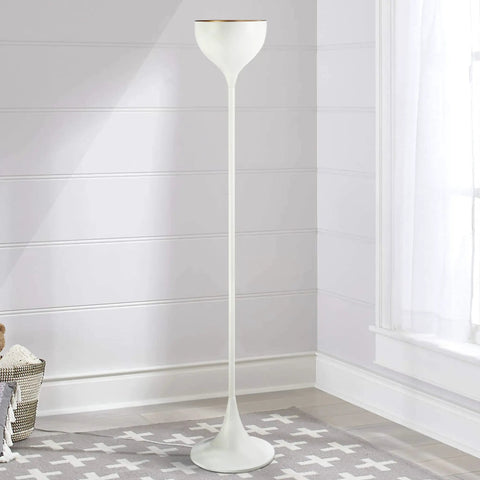 White Modern Metal LED Floor Lamp With Round Metal Shade, Foot Switch, UL Listed, LED Bulb Included in a living room setting