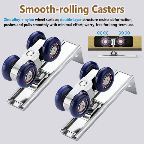 Heavy Duty Aluminum Sliding Door Track Kit With Zinc Nylon Rollers And Double Rail System For Ultra Silent Closet Doors showing smooth-rolling casters.