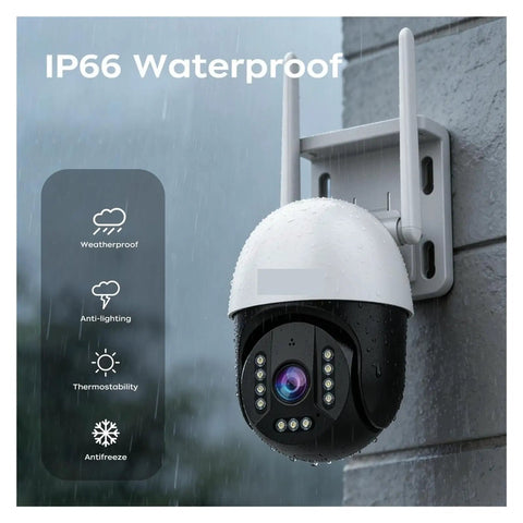 Built Tough 5MP PtZ Outdoor Security Camera Features Rock Solid IP66 Weatherproof Build, mounted on wall with rain.