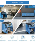No Brainer Heavy Duty Rolling Tool Chest With Three Spacious Drawers And Double Doors Smooth Roll Casters displayed in garage, home, workshop, and office settings.