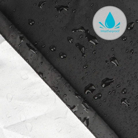 Close-up of Heavy Duty Outdoor Grill Cover For Backyard BBQ Equipment, waterproof material with water droplets, sleek black color.