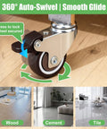 Four Piece Low Profile Caster Wheels With Slick Swivel Brackets Offering Smooth As Butter Glide For Light Duty Tool Carts Wire Shelving And Storage Tables Making Daily Movement Easy Peasy And Totally Hassle Free on wood floor with locking mechanism highlighted.