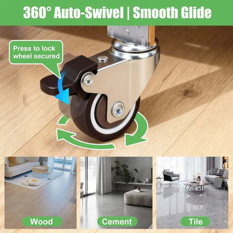 Four Piece Low Profile Caster Wheels With Slick Swivel Brackets Offering Smooth As Butter Glide For Light Duty Tool Carts Wire Shelving And Storage Tables Making Daily Movement Easy Peasy And Totally Hassle Free on wood floor with locking mechanism highlighted.