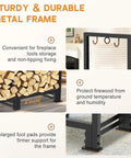 Diagram featuring 4ft Outdoor Firewood Rack With Waterproof Cover, Heavy Duty Wood Holder, Powder Coated Rack With Hooks highlighting metal frame structure, log storage, and 4-inch bottom clearance.