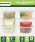Heavy Duty 2 Oz Disposable Portion Cups With Airtight Lids Bulk 200 Piece Grab Bag stacked with dressings and snacks.