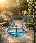 3 Tier Solar Powered Hanging Bird Bath Fountain With Blue Bowl For Hummingbirds, Outdoor Garden Patio Yard Decor That Delivers Chill Water Cascade, No Wires, No Batteries in garden setting with birds