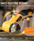 Electric Scissors With Led Light High Efficiency Brushless Motor 2000 Mah Battery Tungsten Steel Blade Cordless Power Cutter For Cardboard Carpet Cloth And Wire Rope Cutting Tool Yellow close-up image showing safety features and control buttons.
