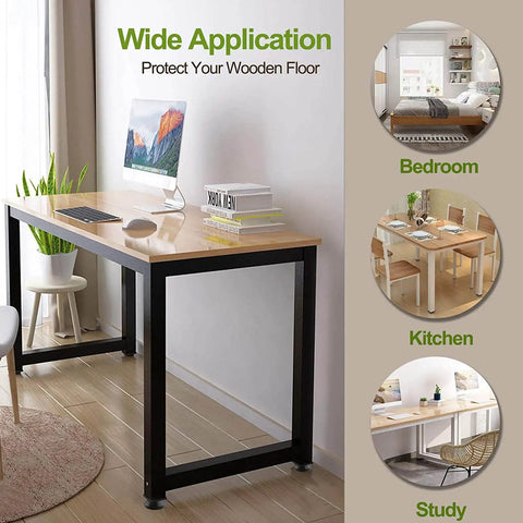 Desk with adjustable leveling pads for floor protection in modern home setup, showcasing versatility for bedroom, kitchen, and study