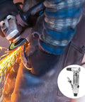 90 Degree Pneumatic Angle Die Grinder Cranking At 20000 Rpm With 2 Inch Grinding Disc For Tight Corners Metal Fab And Weld Jobs Shop Ready Air Powered Tool Badass Performance in use with sparks flying.