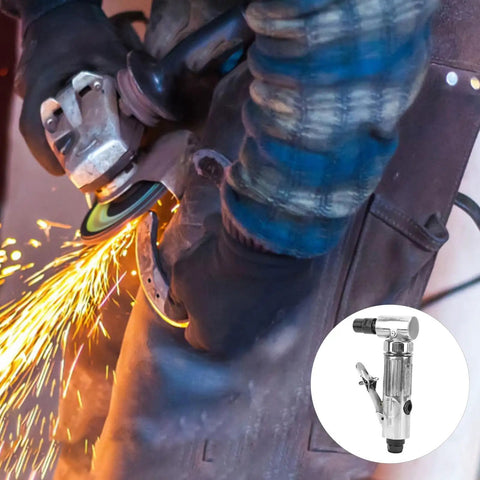 90 Degree Pneumatic Angle Die Grinder Cranking At 20000 Rpm With 2 Inch Grinding Disc For Tight Corners Metal Fab And Weld Jobs Shop Ready Air Powered Tool Badass Performance in use with sparks flying.