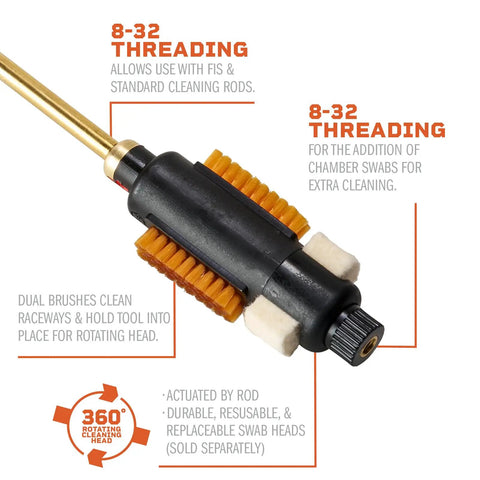Quick Action Cleaning Brush For Rifles Heavy Duty Field Ready Gunsmithing Care Tool with dual brushes and 8-32 threading.