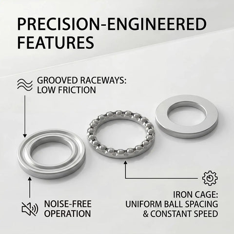 Precision features of Built Tough Rock Solid 51110 Thrust Ball Bearings showcasing low friction raceways, iron cage design.