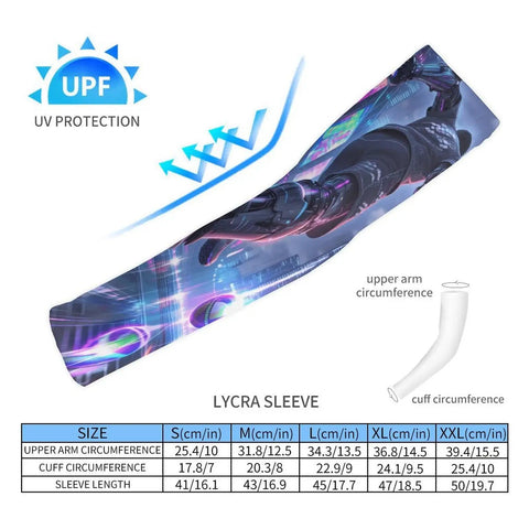 Cool Breeze Sun Arm Sleeves With Solid Upf 50 Plus Uv Blocker Breathable Stretch Sleeve For Road Trips Running And Daily Grind showing size chart and UV protection feature.