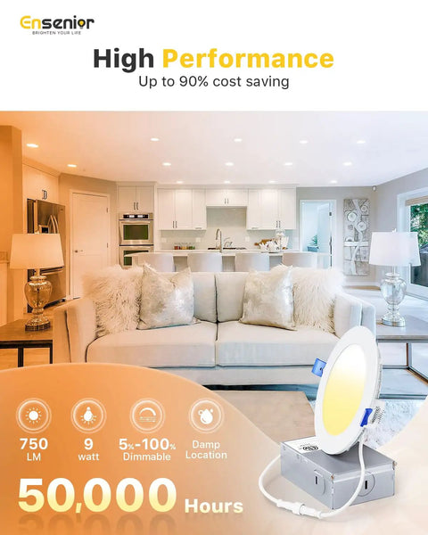 Six Pack 4 Inch LED Recessed Light Dimmable 5000K Daylight 750LM Ultra Thin Canless Wafer Ceiling Light Fixture in living room