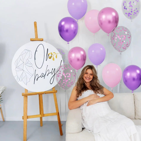 Sixty Eight Piece Pink And Purple Balloons Set 12 Inch Metallic Latex Party Decor With Ribbon Ties For Weddings Birthdays And Baby Showers Goes Hard Absolute Party Atmosphere Booster with woman and sign.