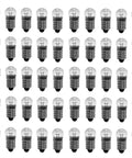 E10 Miniature Light Bulbs 6V 0.3A Warm Yellow Screw Base Pack Fifty arranged in a grid, ideal for lab use and flashlight repairs.