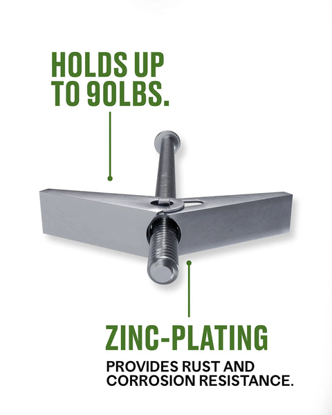 Close-up of Round Head Machine Screw Toggle Bolt with zinc plating, 3/8 inch by 4 inch, showcasing spring wings holding up to 90 lbs.