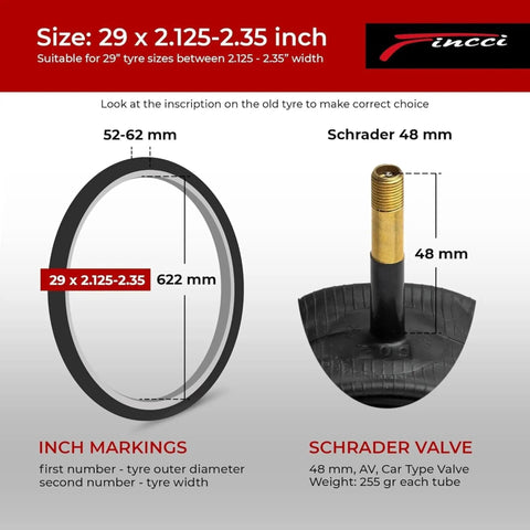 Diagram showing Pack Of 2 29 Inch Bike Inner Tubes Fits 29 X 2.125/2.2/2.3/2.35 Tires, 48mm Schrader Valve details and dimensions