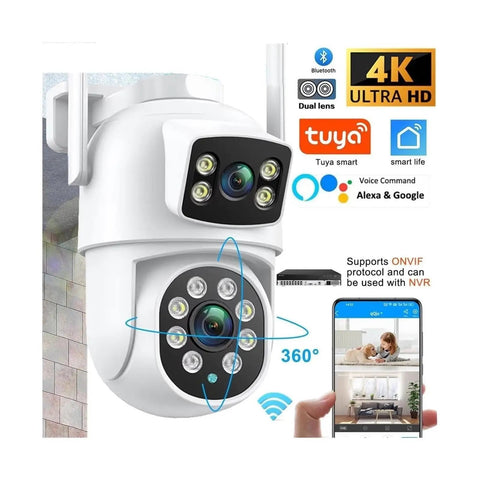 Badass Dual Lens 8Mp Ptz Wifi Security Camera With AI Human Detection And Auto Tracking showing dual lenses and night vision lights.