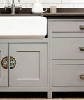 Gray cabinet with Two Pack Customizable Panel Cabinet Handles, 3 Inch Center Hole Semicircle Drawer Pulls, Solid Zinc Alloy Hardware, Black Base