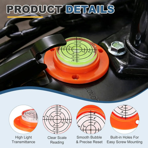 Nexarelle 6pcs Round Bubble Level D:48.9mm, H: 12mm Orange/White showing clear scale, smooth bubble, built-in screw holes.