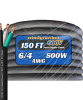 Hardcore 6 Gauge 4 Wire Black SOOW Heavy Duty Copper Portable Power Cord 125 Feet, shown coiled with labels.