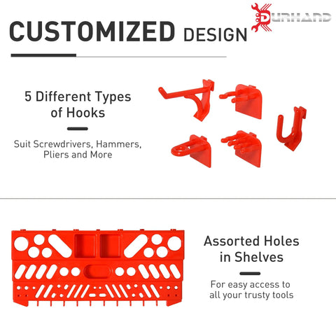 Customized design showing 5 different hooks in red for the 54 Piece Wall Mounted Pegboard And Shelf Tool Organizer Kit Slick Gray Storage Solution Hella Organize Your Garage Or Workshop Space With Top Tier Dream Setup Rack.