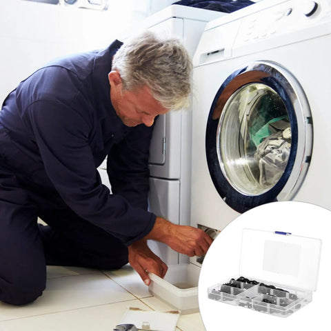 Man fixing washing machine using Internal Tooth Lock Washers Set, 340 Pcs Black Assortment Kit, 7 Sizes.