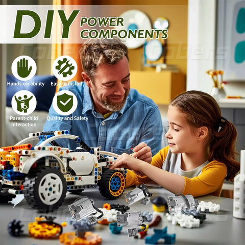 Father and daughter building with 9-In-1 Power Function Technic Motor Kit With IR Remote And Receiver, AA Battery Box.