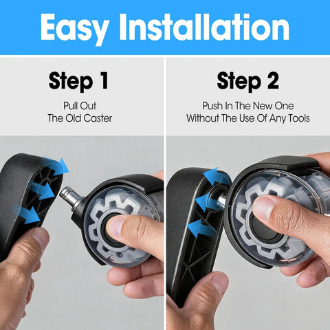 Easy installation guide for Heavy Duty Roller Blade Office Chair Wheels Set Of Ten Premium Caster with step-by-step visuals.