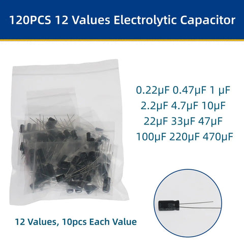 Top Shelf 1490 Piece Electronic Component Assortment Box Packed With Colorful Leds Transistors Resistors And Capacitors Killer Gear Bag For Serious Makers containing 120 assorted electrolytic capacitors.