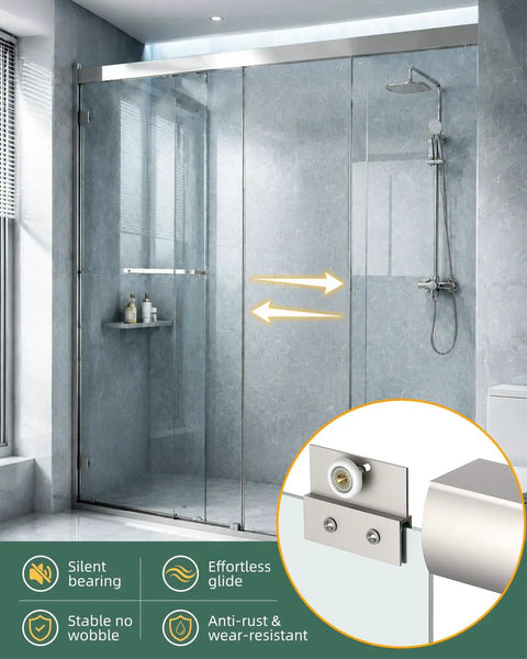 Solid as a Rock Sliding Shower Door Roller Replacement with 19mm Nylon Wheels and Rust Proof Brass Shaft Precision Sealed Ball Bearing for Silent Smooth Roll No Snag Bathroom Gear Fix installed in modern bathroom shower.