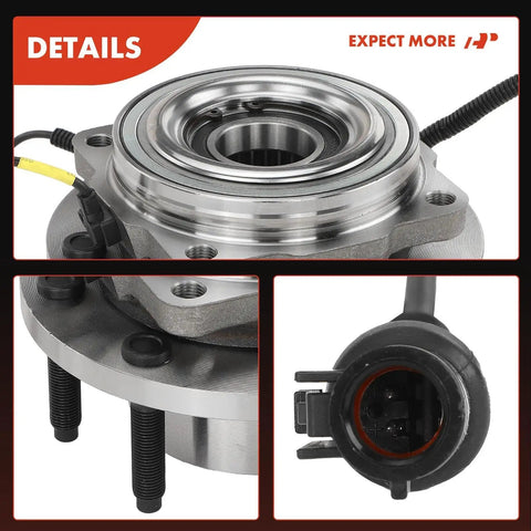 Front Wheel Bearing And Hub Assembly For Ford F250 And F350 Super Duty 2005 To 2010 4WD 8 Lug Srw Abs close-up showing connector and bearing details.