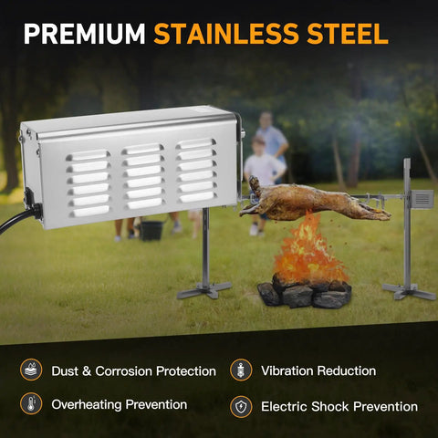 Top Shelf Rotisserie Motor For Electric Grill And Backyard Pit Serving As A Smooth Operator Handling Up To 100 Pounds With Heavy Duty Stainless Steel Build For Quick Upgrade Mods mounted beside a roasting pig over a fire.