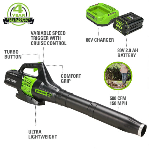 Image of 80V Cordless Axial Leaf Blower With 150 MPH Air, 500 CFM, 2.0Ah Battery And Charger Included, highlighting features and components.