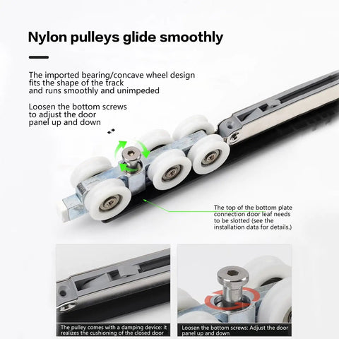 Nylon pulleys glide smoothly, part of Slick Heavy Duty Pivot Hinge Moves Like Butter With Invisible 90 Degree Rotation supporting 154 lbs.