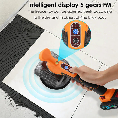 Tile Vibration Leveling Tool With Suction Cup Handheld Vibrator For Plug And Play No Fuss Install 5 Speed Adjustable System shown on tile