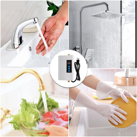 Under Sink Tankless Electric Water Heater 110V 3000W On Demand Instant Hot Water For Kitchen And Bathroom, Adjustable Temperature 28 to 55 C, Safe Fast Heating, Compact White Unit shown in use for washing hands, dishes, and vegetables