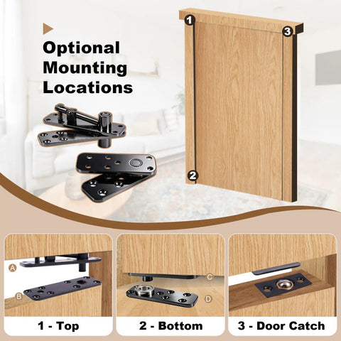 Heavy Hitter Hidden Door Pivot Hinge With Slick 360 Degree Rotation And Rock Solid Stainless Steel Hardware Kit For Secret Bookshelf And Swing Door Upgrades In Sleek Matte Black Finish showing mounting location options on a wooden door.