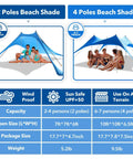 Comparison of Ultra Portable Beach Tent Canopy With UPF50 Sun Protection; 2-pole fits 2-4 adults, 4-pole fits 4-7 adults.