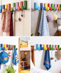 Fresh Rainbow Wooden L Shaped Wall Hooks Eight Pack With Adhesive Pads And Screws in vibrant colors organizing scarves and bags.