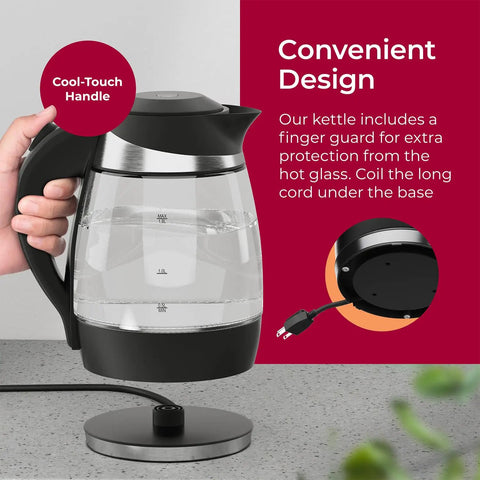 Fast Boil Electric Kettle Cordless With 1500W SpeedBoil No Fuss Quick Heat Borosilicate Glass Water Heater on countertop
