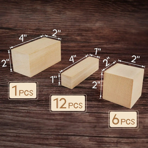 Dope Whittling Wood Blocks Kit With 19 Pieces For Basswood Carving In Three Sizes, Includes 12 Rectangles 1X1X4, 6 Cubes 2X2X4